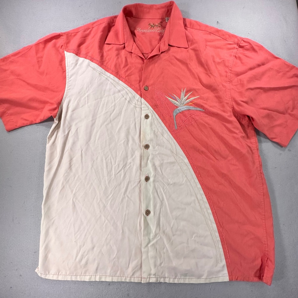 Bamboo Cay Mens XL Bird of Paradise Embroidered Camp Shirt Coral Cream Silk Look